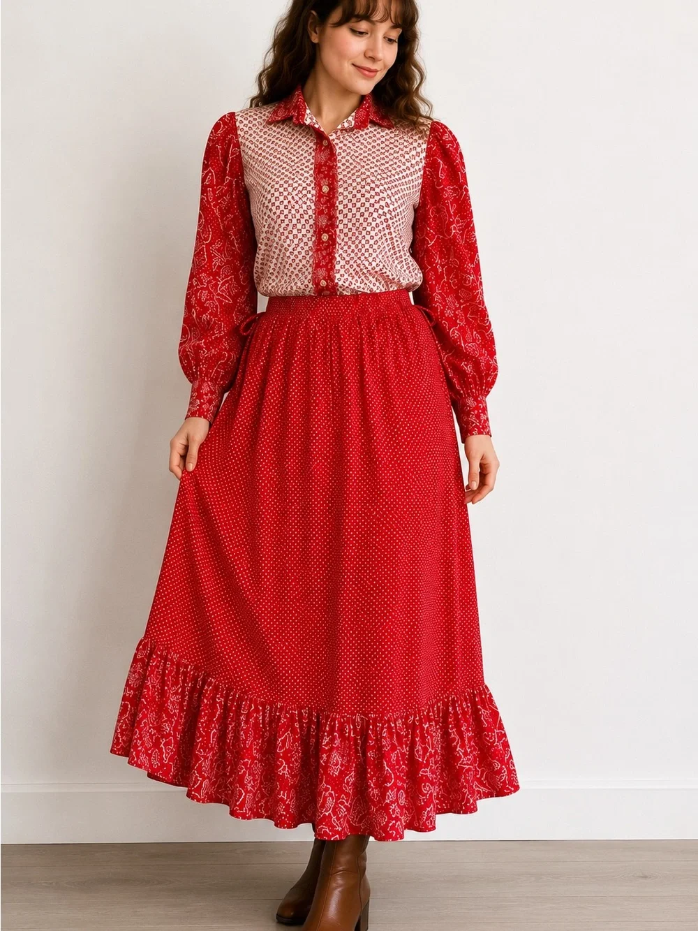Vintage Handmade Red Prairie Cottagecore Maxi Skirt Blouse Matching Set Size S